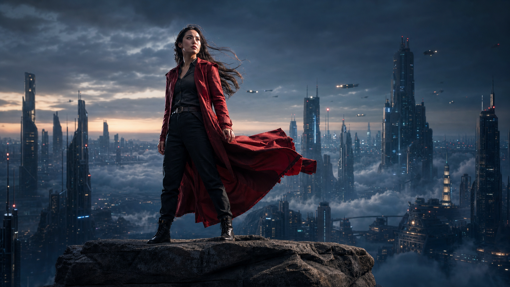 The same fictional performer composited into a cinematic science-fiction environment