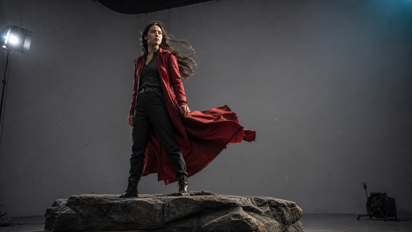 Fictional performer photographed on a neutral film stage as a source plate